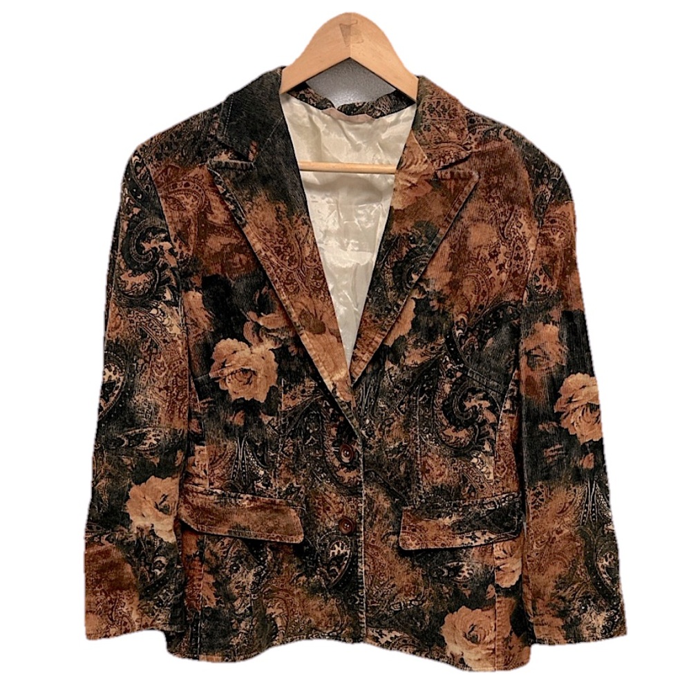 Vintage Y2K Women’s Corduroy Blazer Jacket Sz Medium FLORAL Rustic‎ FALL Office